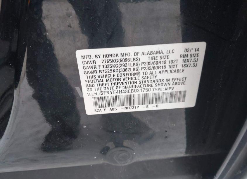 Photo 9 of 2014 Honda Pilot EX (VIN 5FNYF4H48EB031750)