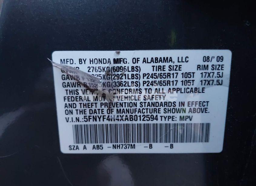 Photo 9 of 2010 Honda Pilot EX (VIN 5FNYF4H4XAB012594)