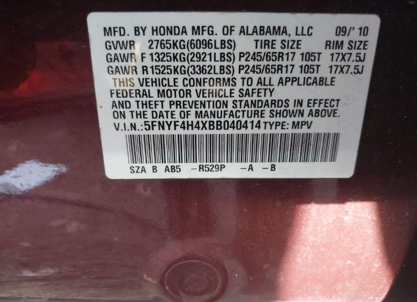 Photo 9 of 2011 Honda Pilot EX (VIN 5FNYF4H4XBB040414)