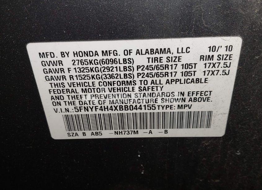 Photo 9 of 2011 Honda Pilot EX (VIN 5FNYF4H4XBB044155)