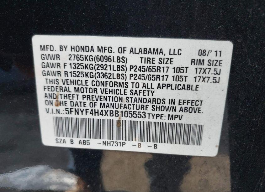 Photo 9 of 2011 Honda Pilot EX (VIN 5FNYF4H4XBB105553)