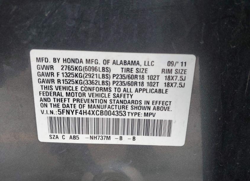 Photo 9 of 2012 Honda Pilot EX (VIN 5FNYF4H4XCB004353)