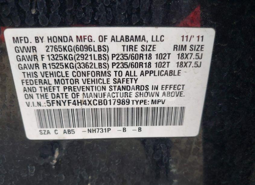 Photo 9 of 2012 Honda Pilot EX (VIN 5FNYF4H4XCB017989)