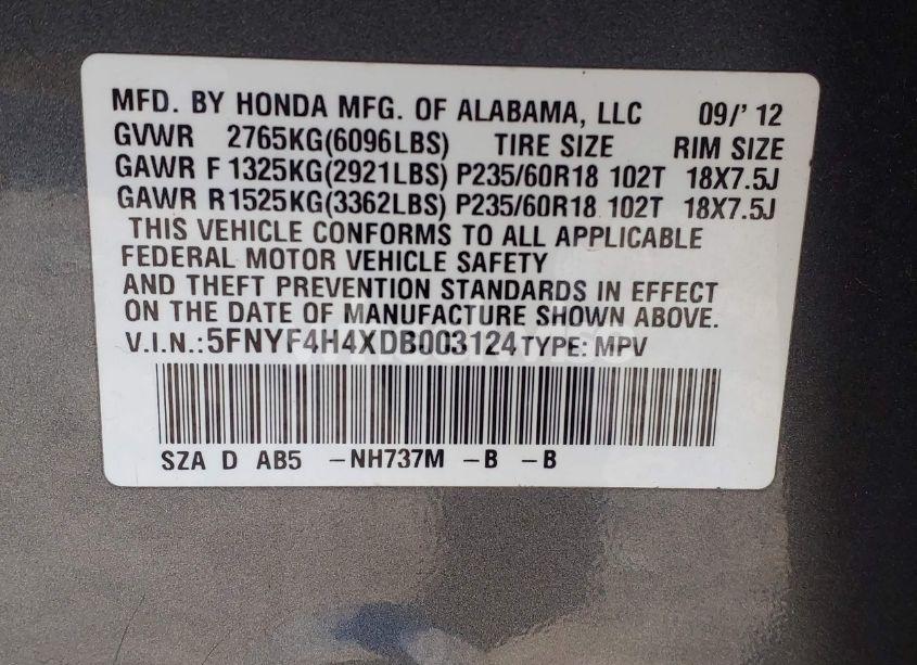 Photo 9 of 2013 Honda Pilot EX (VIN 5FNYF4H4XDB003124)