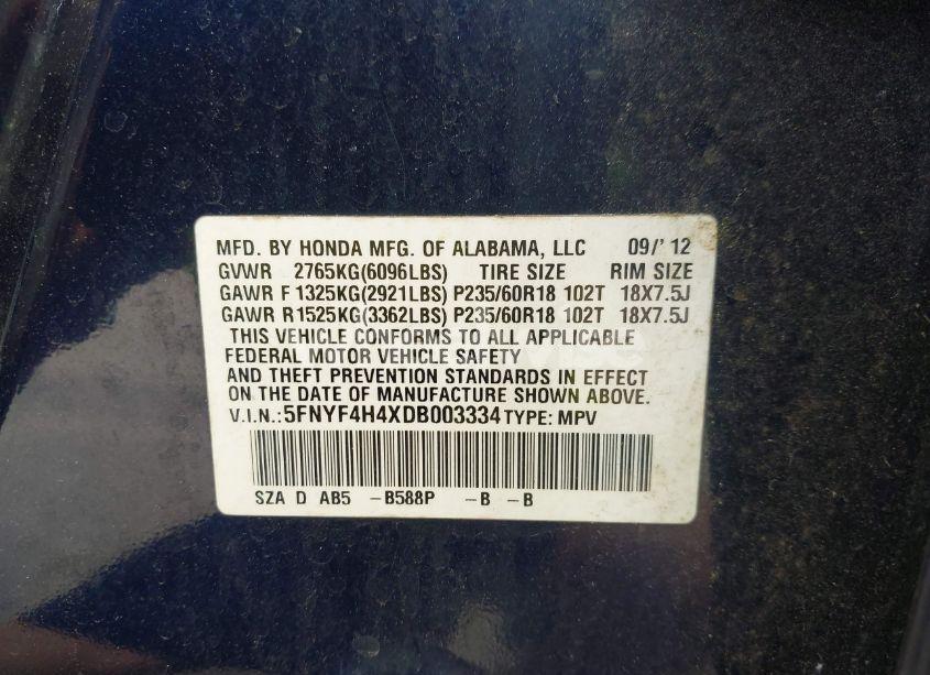 Photo 9 of 2013 Honda Pilot EX (VIN 5FNYF4H4XDB003334)