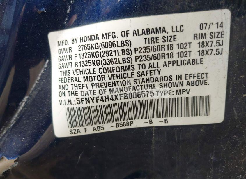 Photo 9 of 2015 Honda Pilot EX (VIN 5FNYF4H4XFB006575)