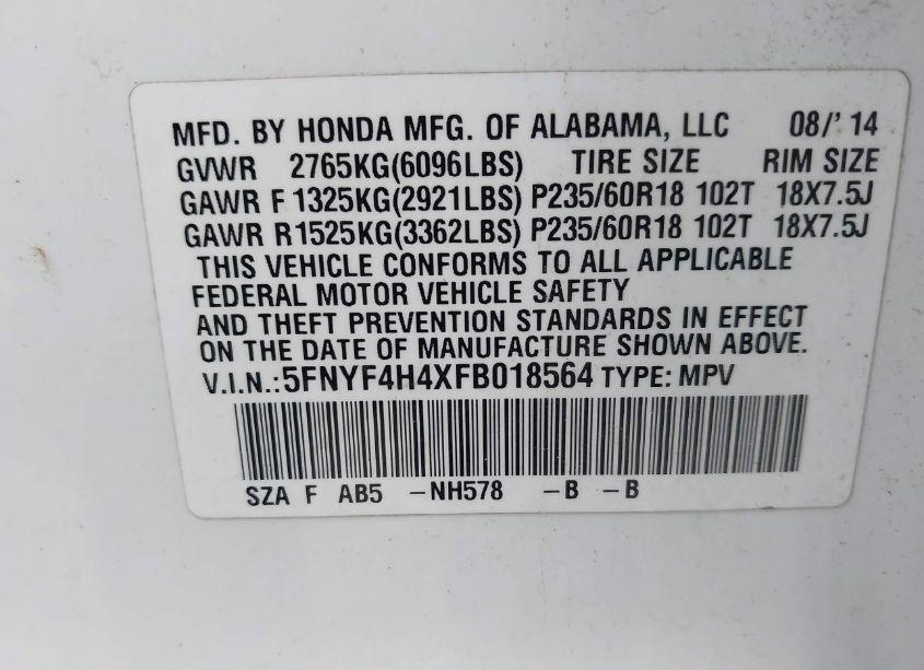 Photo 9 of 2015 Honda Pilot EX (VIN 5FNYF4H4XFB018564)