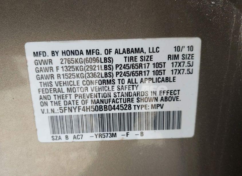 Photo 9 of 2011 Honda Pilot EX-L (VIN 5FNYF4H50BB044528)