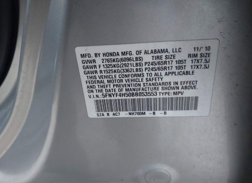 Photo 9 of 2011 Honda Pilot EX-L (VIN 5FNYF4H50BB053553)