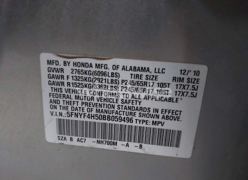 Photo 9 of 2011 Honda Pilot EX-L (VIN 5FNYF4H50BB059496)