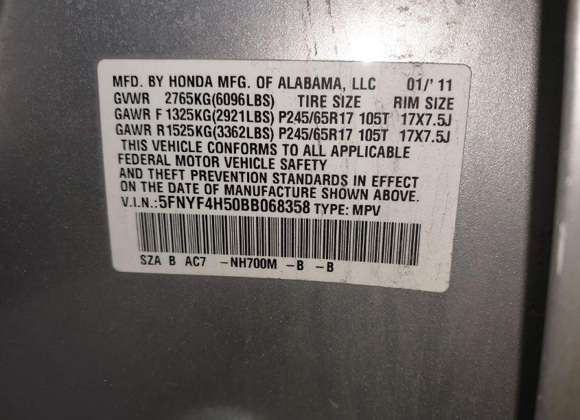 Photo 9 of 2011 Honda Pilot EX-L (VIN 5FNYF4H50BB068358)