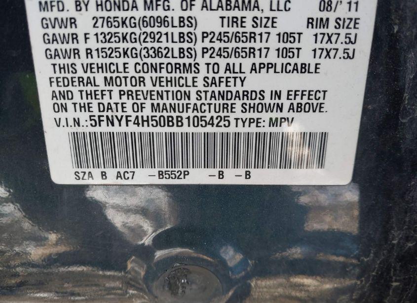 Photo 9 of 2011 Honda Pilot EX-L (VIN 5FNYF4H50BB105425)