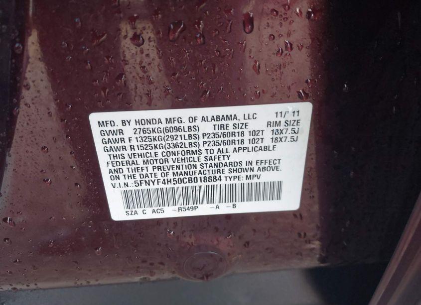 Photo 9 of 2012 Honda Pilot EX-L (VIN 5FNYF4H50CB018884)