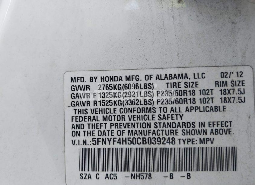 Photo 9 of 2012 Honda Pilot EX-L (VIN 5FNYF4H50CB039248)