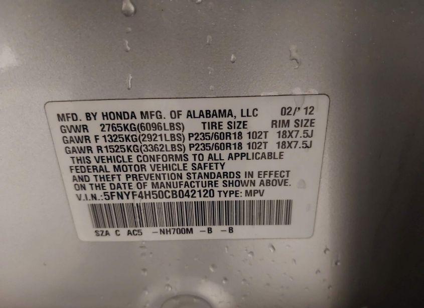 Photo 9 of 2012 Honda Pilot EX-L (VIN 5FNYF4H50CB042120)