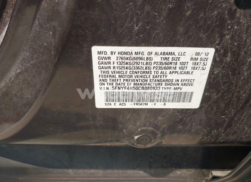 Photo 9 of 2012 Honda Pilot EX-L (VIN 5FNYF4H50CB080933)