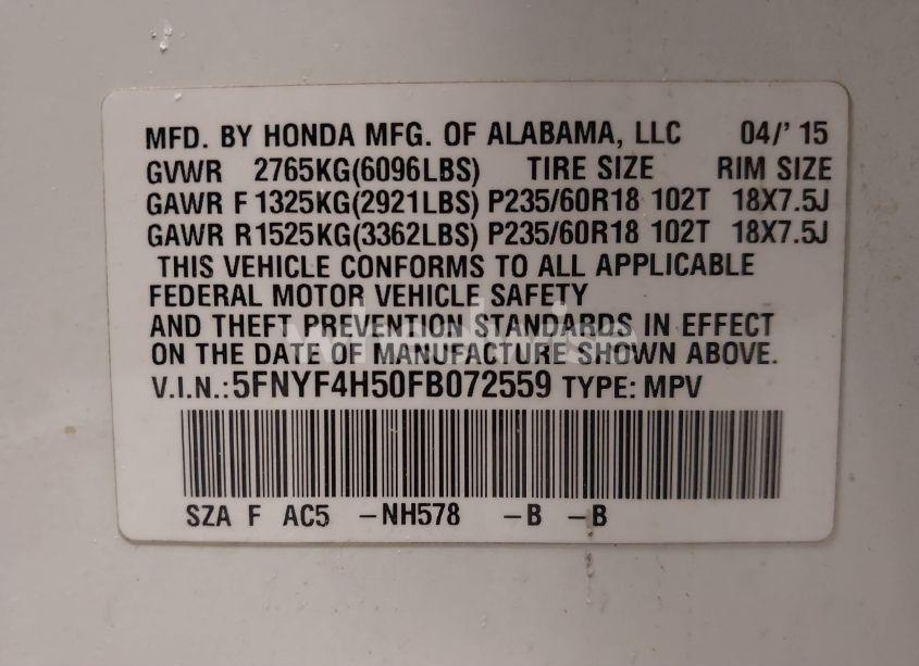 Photo 9 of 2015 Honda Pilot EX-L (VIN 5FNYF4H50FB072559)