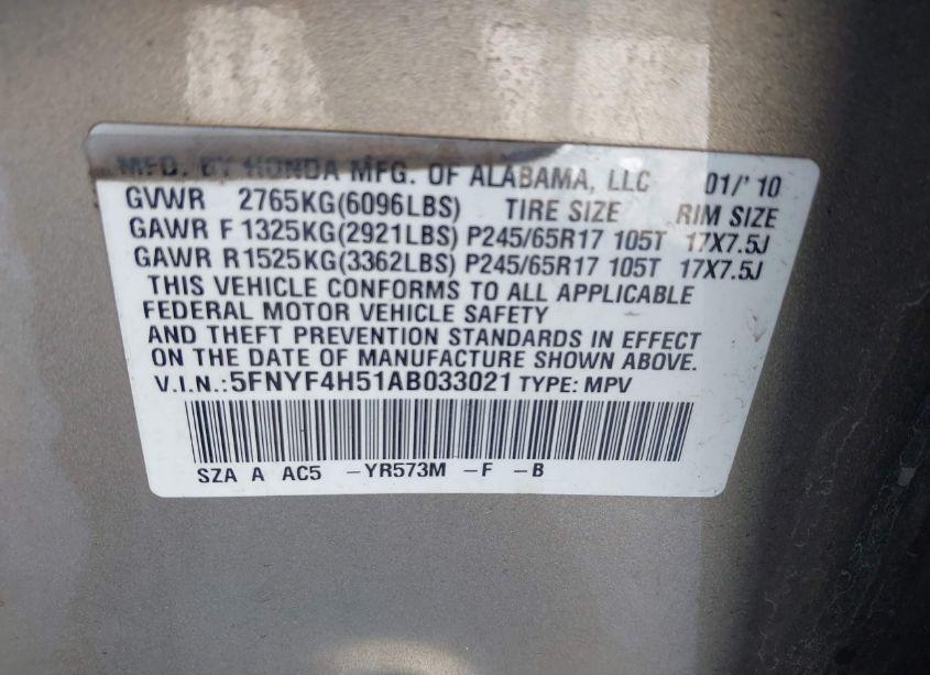 Photo 9 of 2010 Honda Pilot EX-L (VIN 5FNYF4H51AB033021)