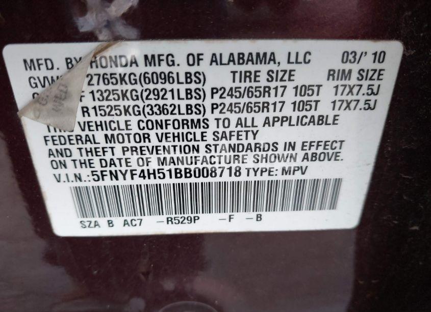 Photo 9 of 2011 Honda Pilot EX-L (VIN 5FNYF4H51BB008718)
