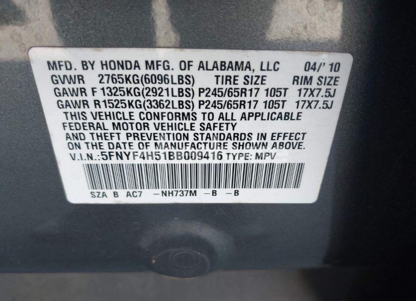 Photo 9 of 2011 Honda Pilot EX-L (VIN 5FNYF4H51BB009416)