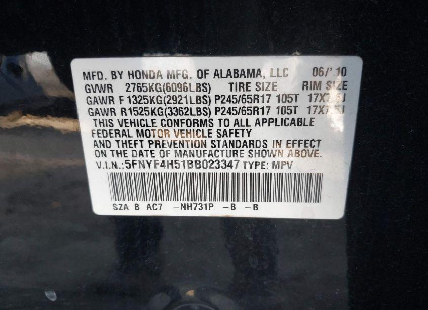 Photo 9 of 2011 Honda Pilot EX-L (VIN 5FNYF4H51BB023347)