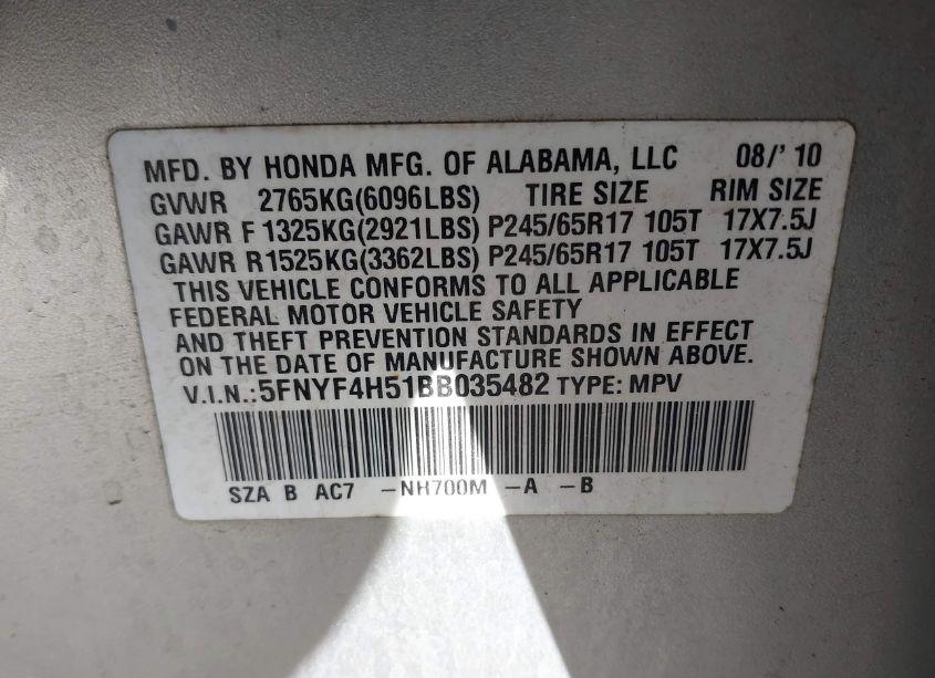 Photo 9 of 2011 Honda Pilot EX-L (VIN 5FNYF4H51BB035482)