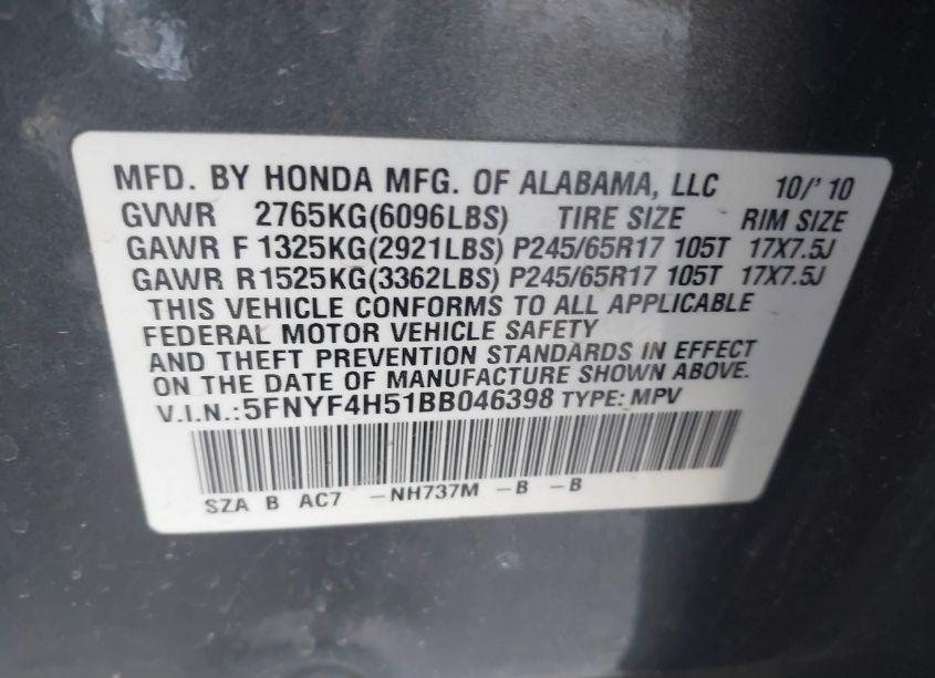 Photo 9 of 2011 Honda Pilot EX-L (VIN 5FNYF4H51BB046398)
