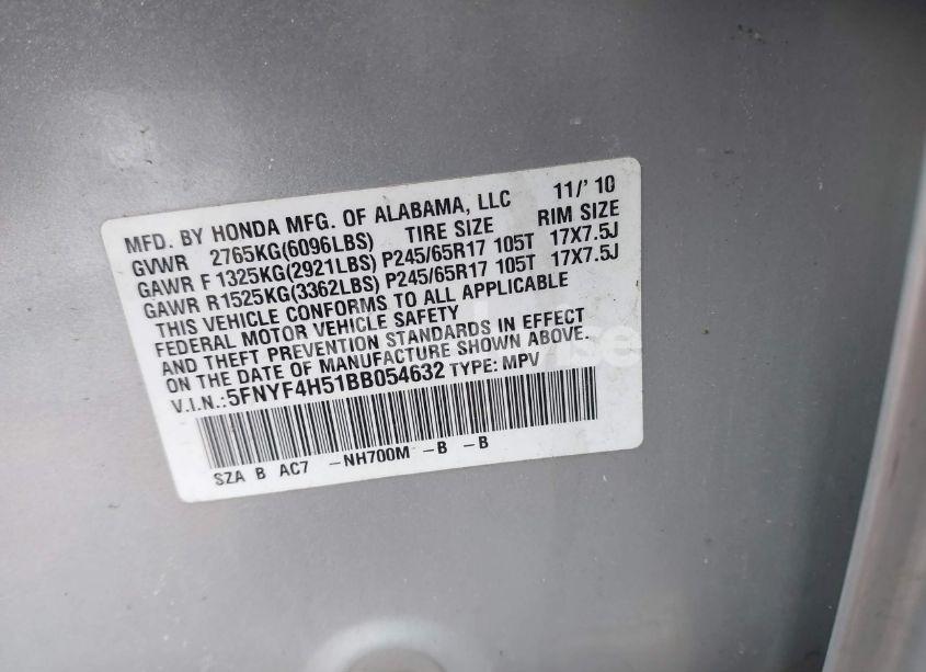 Photo 9 of 2011 Honda Pilot EX-L (VIN 5FNYF4H51BB054632)