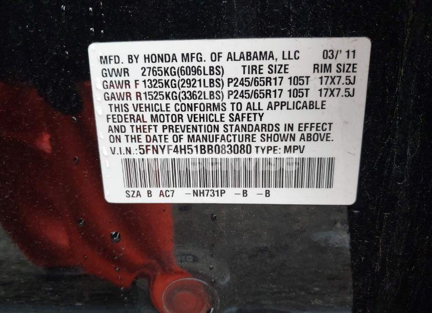 Photo 9 of 2011 Honda Pilot EX-L (VIN 5FNYF4H51BB083080)