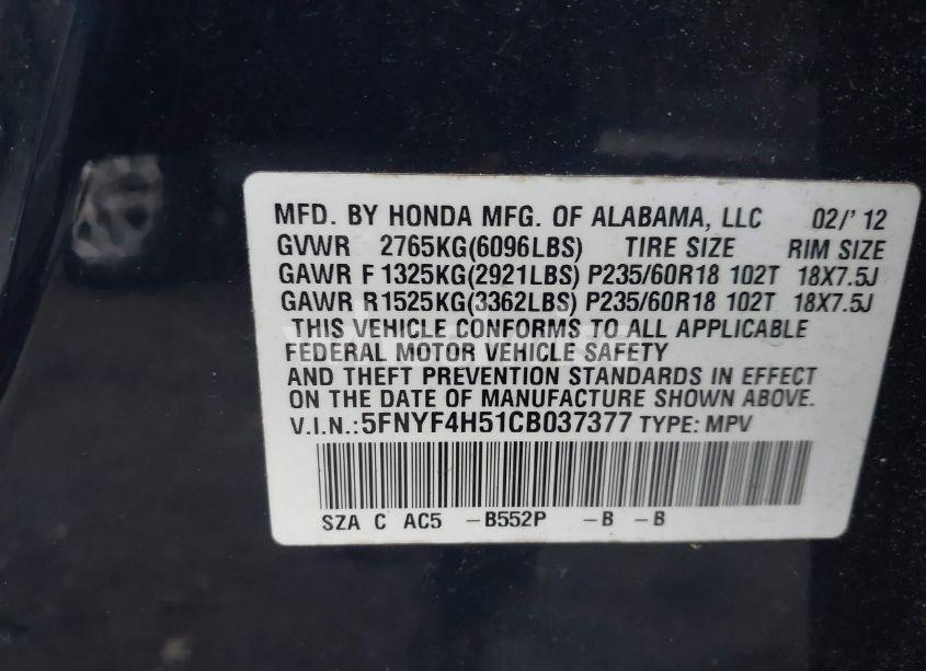 Photo 9 of 2012 Honda Pilot EX-L (VIN 5FNYF4H51CB037377)