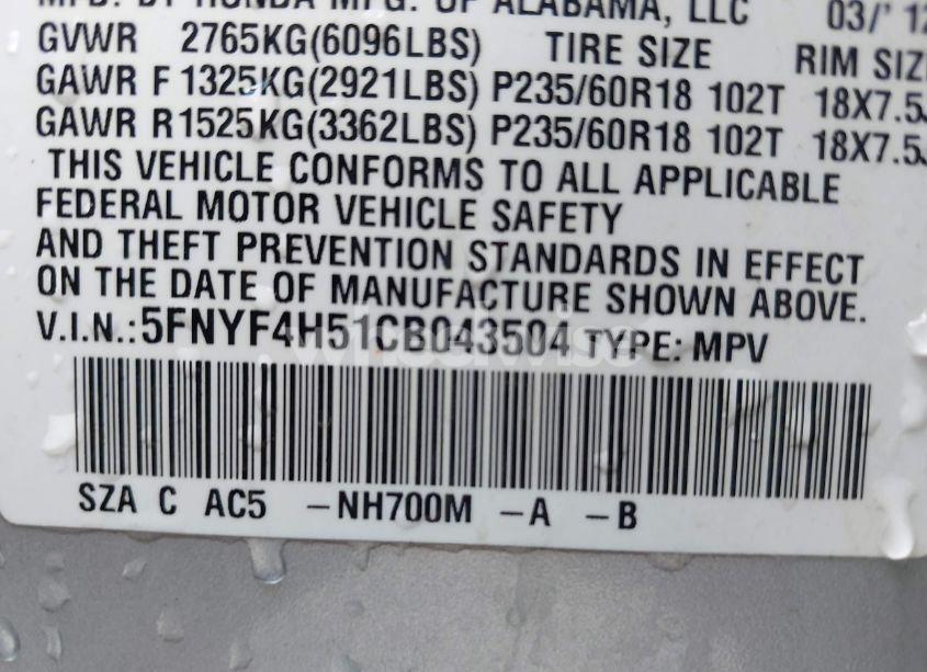 Photo 9 of 2012 Honda Pilot EX-L (VIN 5FNYF4H51CB043504)