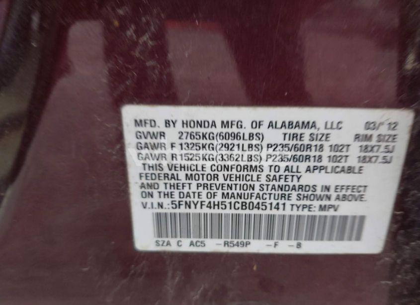 Photo 9 of 2012 Honda Pilot EX-L (VIN 5FNYF4H51CB045141)