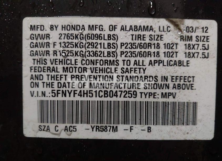 Photo 9 of 2012 Honda Pilot EX-L (VIN 5FNYF4H51CB047259)