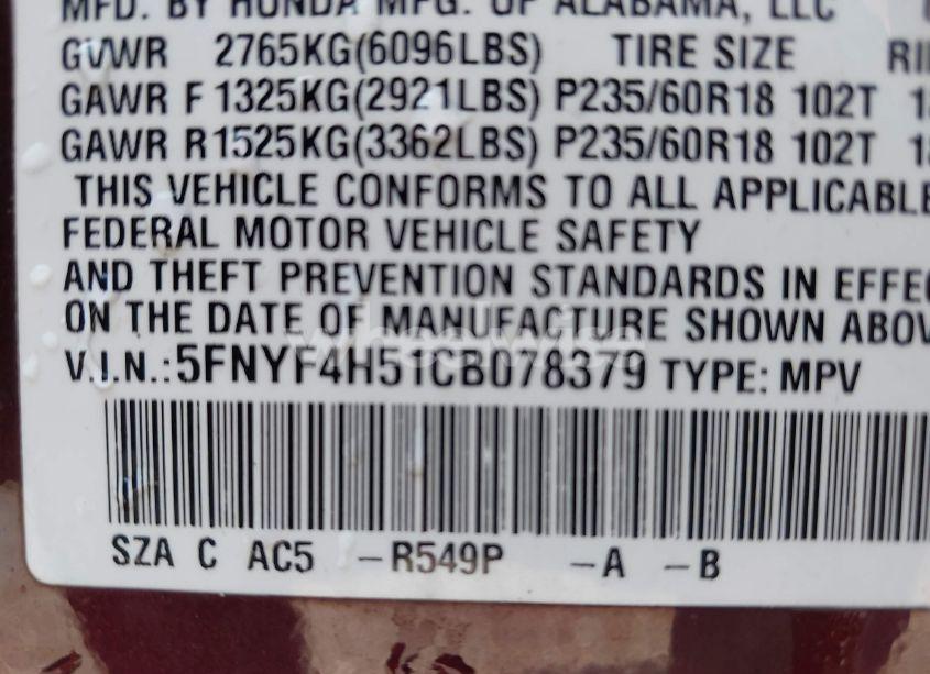 Photo 9 of 2012 Honda Pilot EX-L (VIN 5FNYF4H51CB078379)