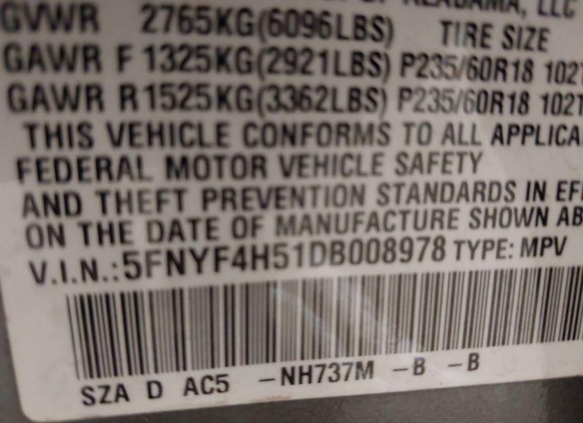 Photo 9 of 2013 Honda Pilot EX-L (VIN 5FNYF4H51DB008978)