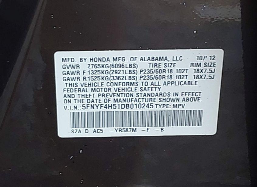 Photo 9 of 2013 Honda Pilot EX-L (VIN 5FNYF4H51DB010245)