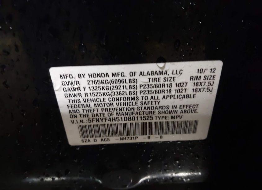 Photo 9 of 2013 Honda Pilot EX-L (VIN 5FNYF4H51DB011525)