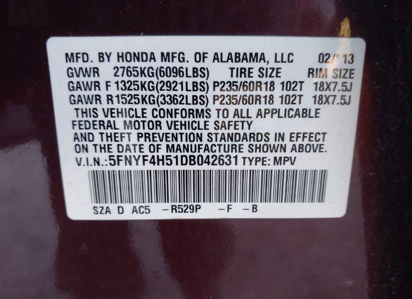Photo 9 of 2013 Honda Pilot EX-L (VIN 5FNYF4H51DB042631)