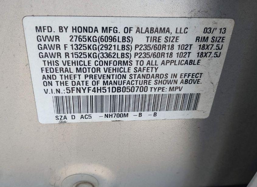 Photo 9 of 2013 Honda Pilot EX-L (VIN 5FNYF4H51DB050700)