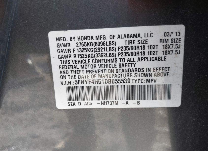 Photo 9 of 2013 Honda Pilot EX-L (VIN 5FNYF4H51DB055539)