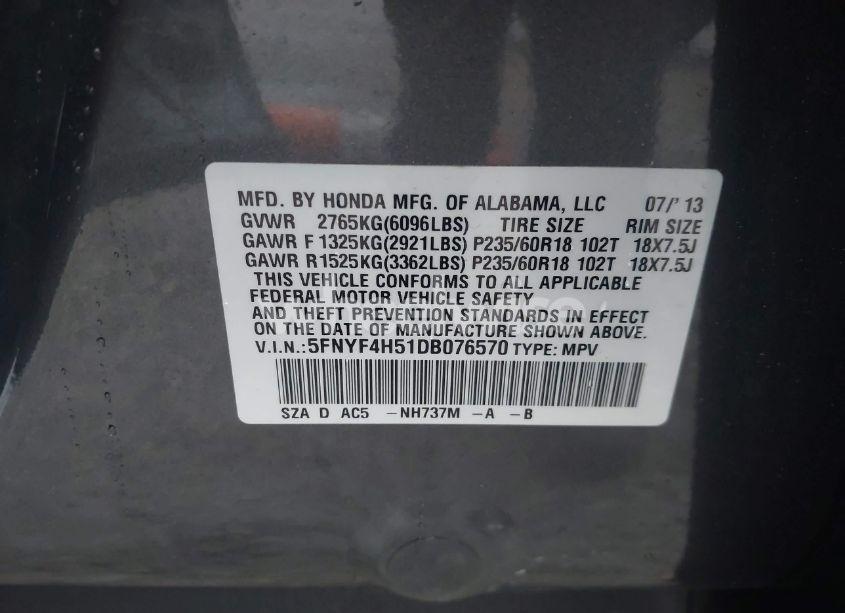 Photo 9 of 2013 Honda Pilot EX-L (VIN 5FNYF4H51DB076570)