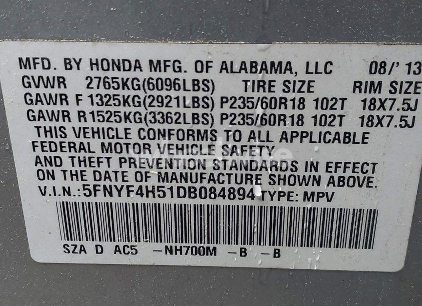 Photo 9 of 2013 Honda Pilot EX-L (VIN 5FNYF4H51DB084894)