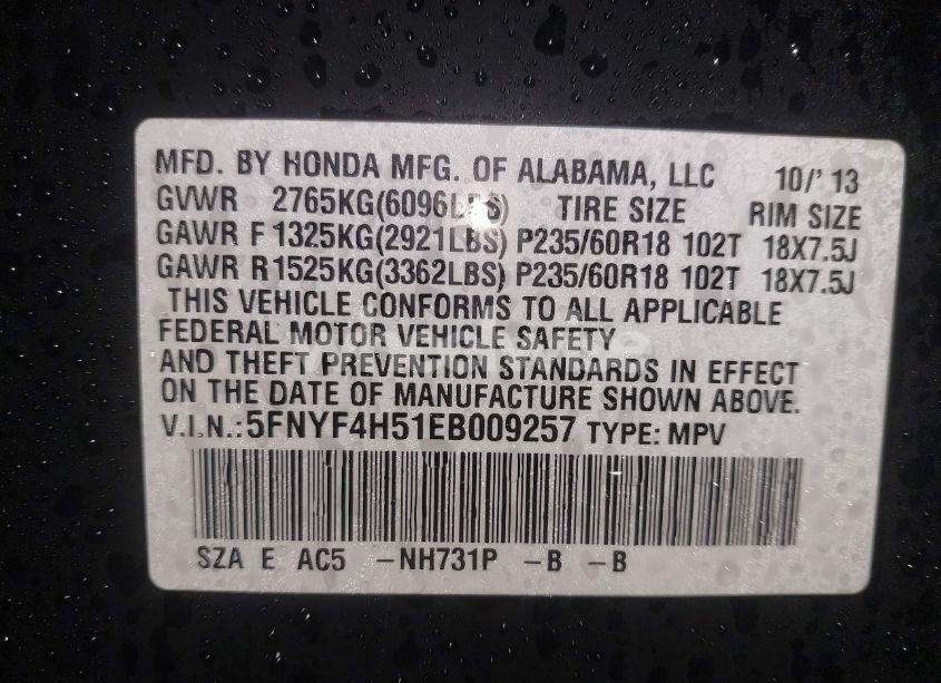 Photo 9 of 2014 Honda Pilot EX-L (VIN 5FNYF4H51EB009257)