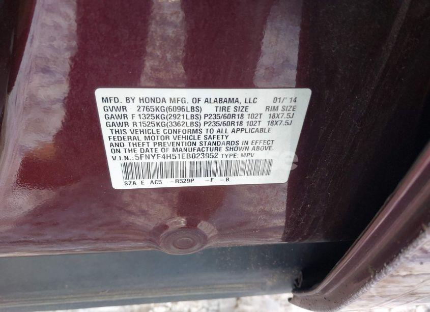 Photo 9 of 2014 Honda Pilot EX-L (VIN 5FNYF4H51EB023952)