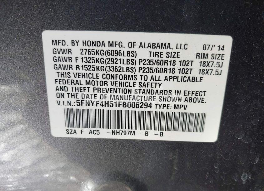 Photo 9 of 2015 Honda Pilot EX-L (VIN 5FNYF4H51FB006294)