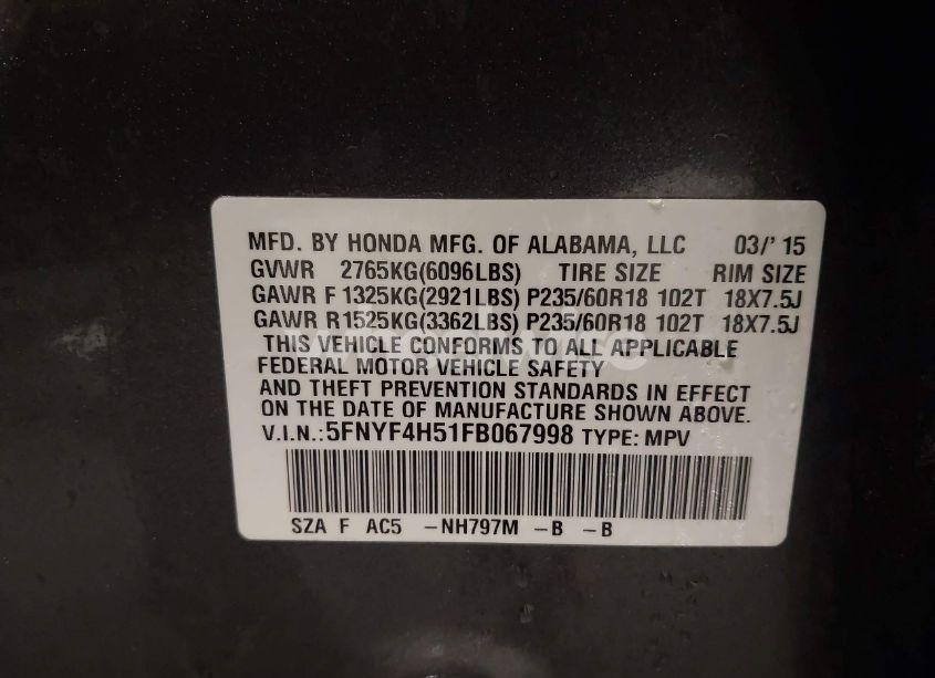 Photo 9 of 2015 Honda Pilot EX-L (VIN 5FNYF4H51FB067998)