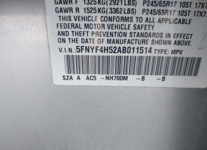 Photo 9 of 2010 Honda Pilot EX-L (VIN 5FNYF4H52AB011514)