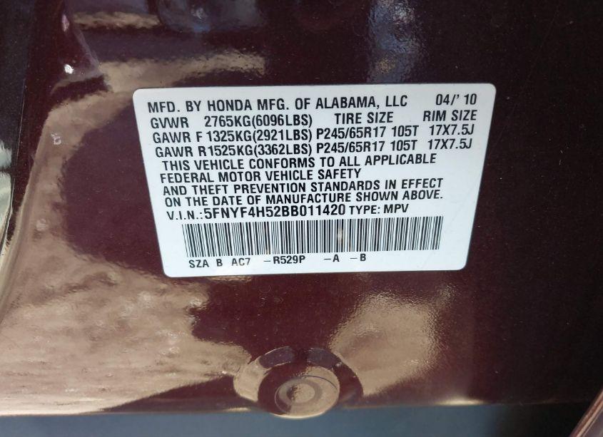 Photo 9 of 2011 Honda Pilot EX-L (VIN 5FNYF4H52BB011420)