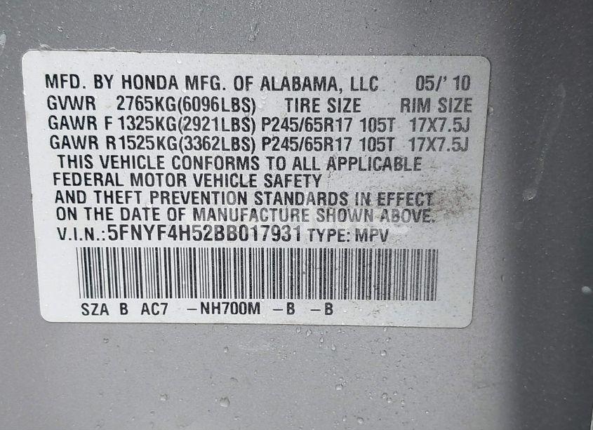 Photo 9 of 2011 Honda Pilot EX-L (VIN 5FNYF4H52BB017931)