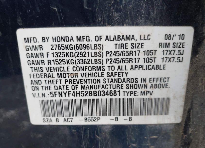 Photo 9 of 2011 Honda Pilot EX-L (VIN 5FNYF4H52BB034681)